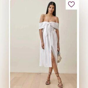 Reformation Barrington Linen Dress — White, Off‑Shoulder, Tie‑Front, Size S